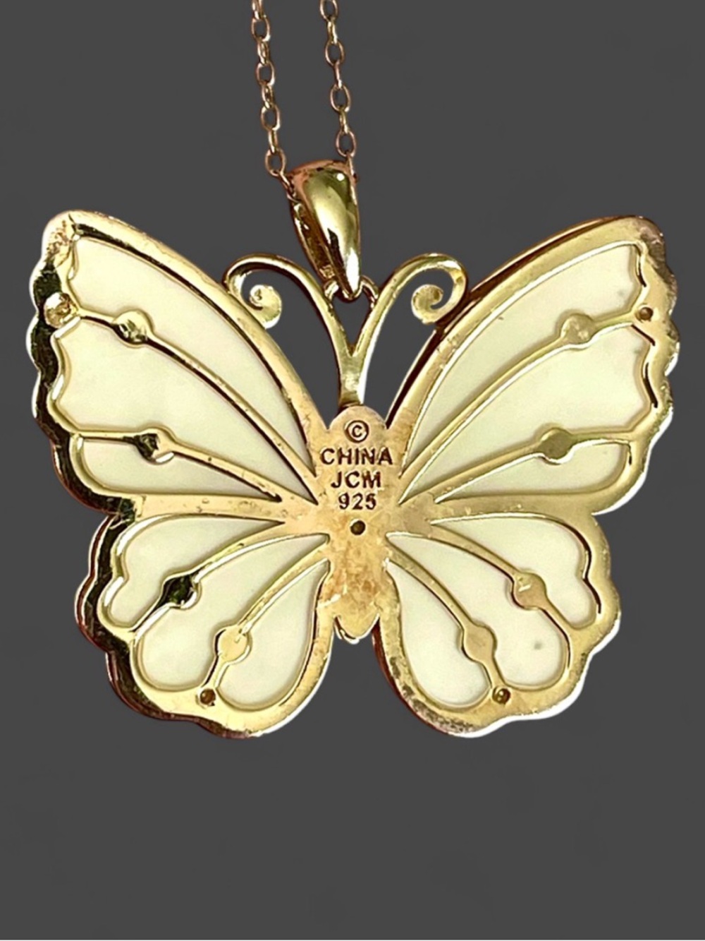 Jacmel Mauritius JCM Butterfly Necklace 925 Sterling Silver CZ Gold Overlay Pavé - Picture 2 of 9